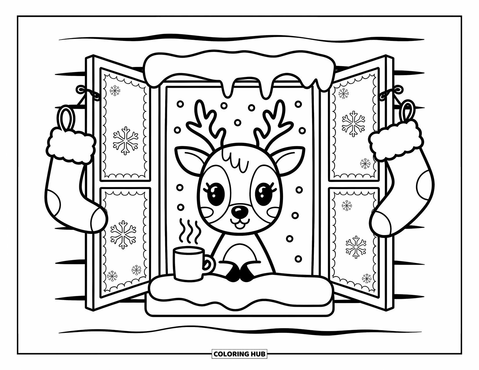 Christmas Reindeer Coloring Page for Adults: A reindeer peers from a snowy window with stockings, cocoa, and gentle lights