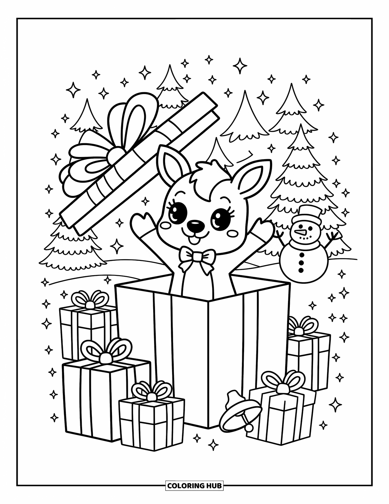 Christmas Reindeer Coloring Page for Adults: A reindeer pops from a large gift box among trees, bells, and a snowman