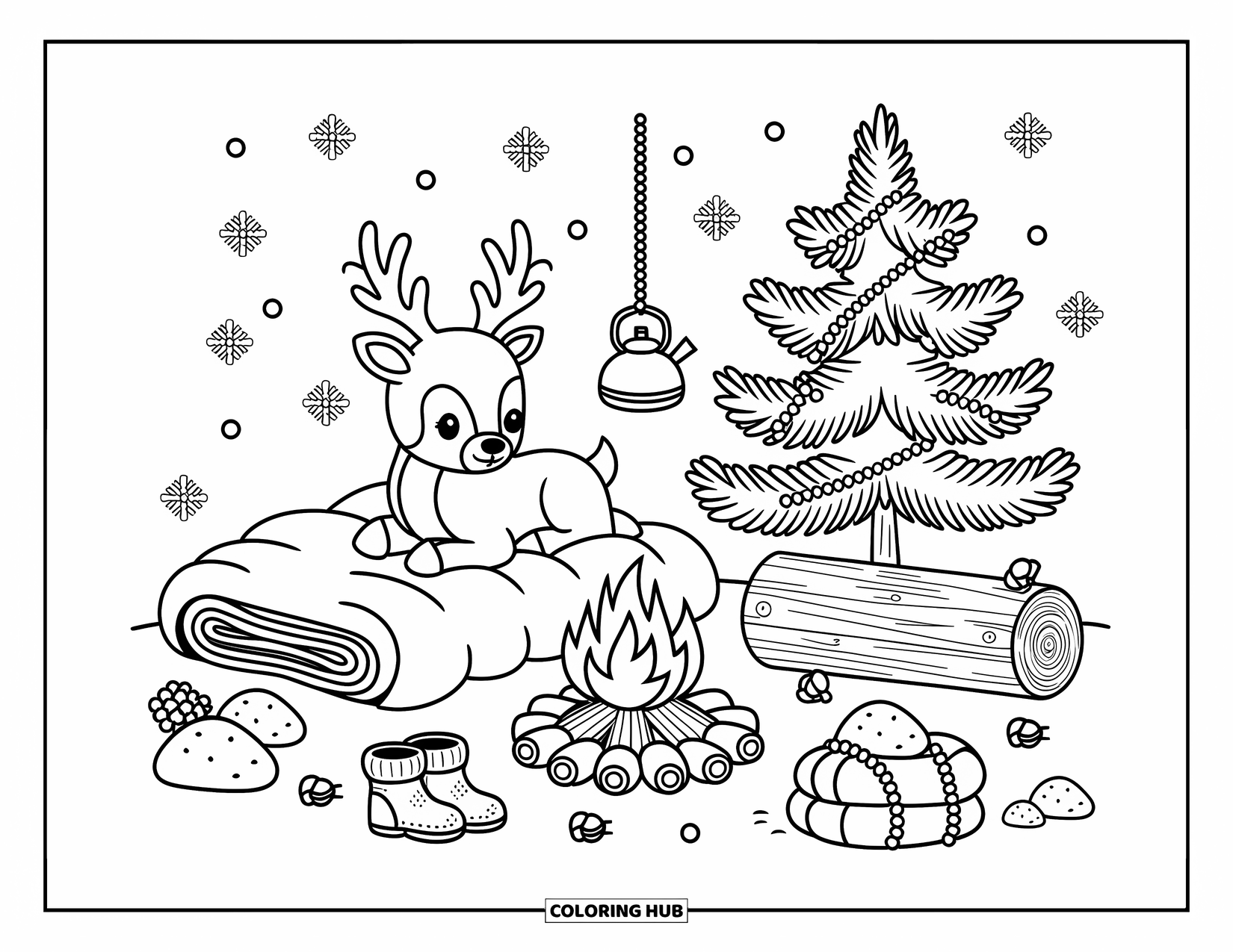 Christmas Reindeer Coloring Page for Adults: A reindeer relaxes on a blanket by a campfire with marshmallows and pinecones