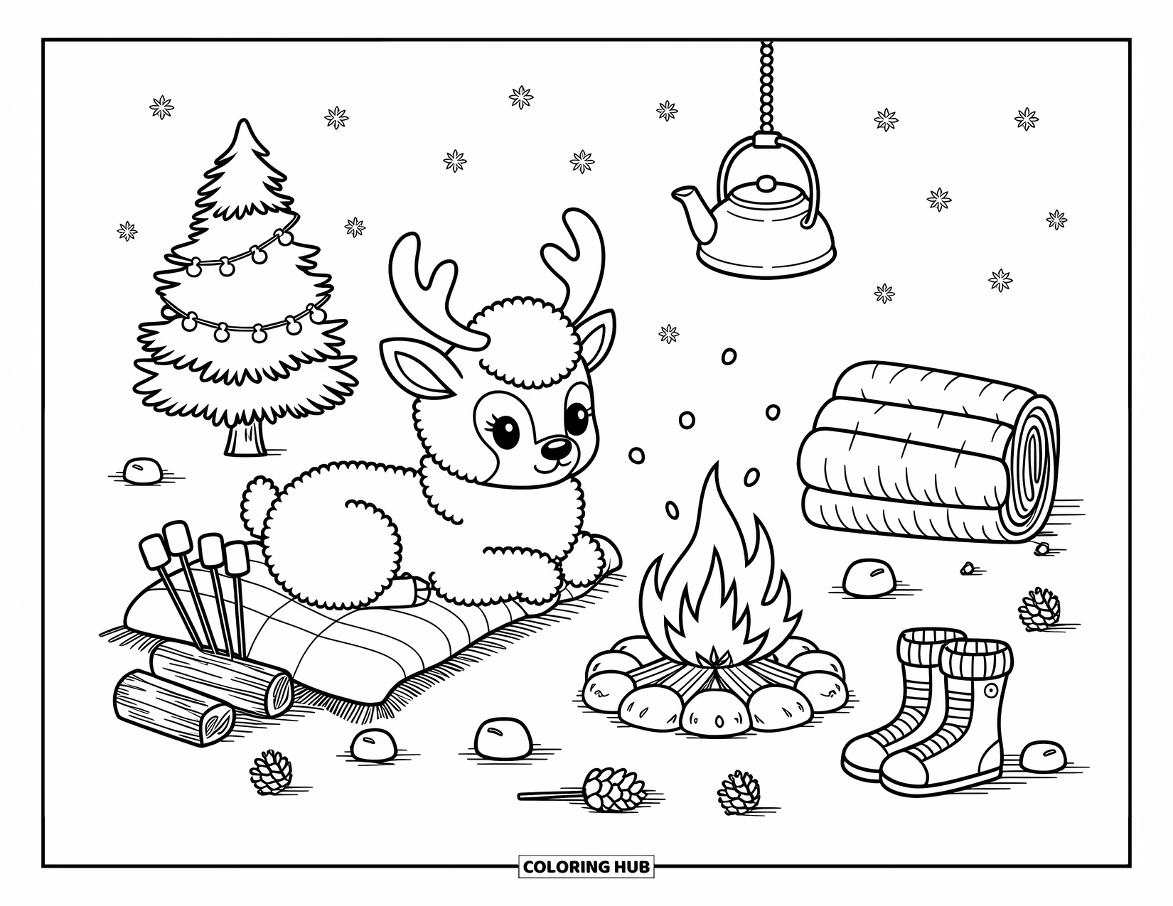 Christmas Reindeer Coloring Page for Adults: A reindeer rests by a fire with marshmallows, a kettle, and snowy pinecones