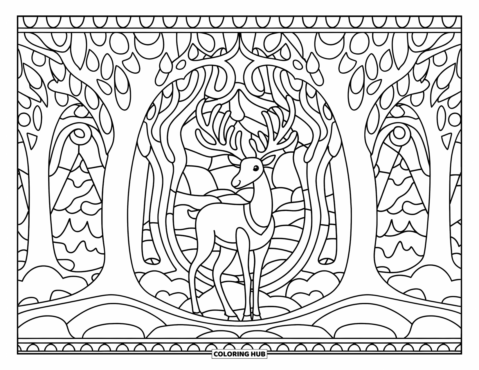Christmas Reindeer Coloring Page for Adults: A reindeer rests in the middle of a stained-glass forest with intricate patterns