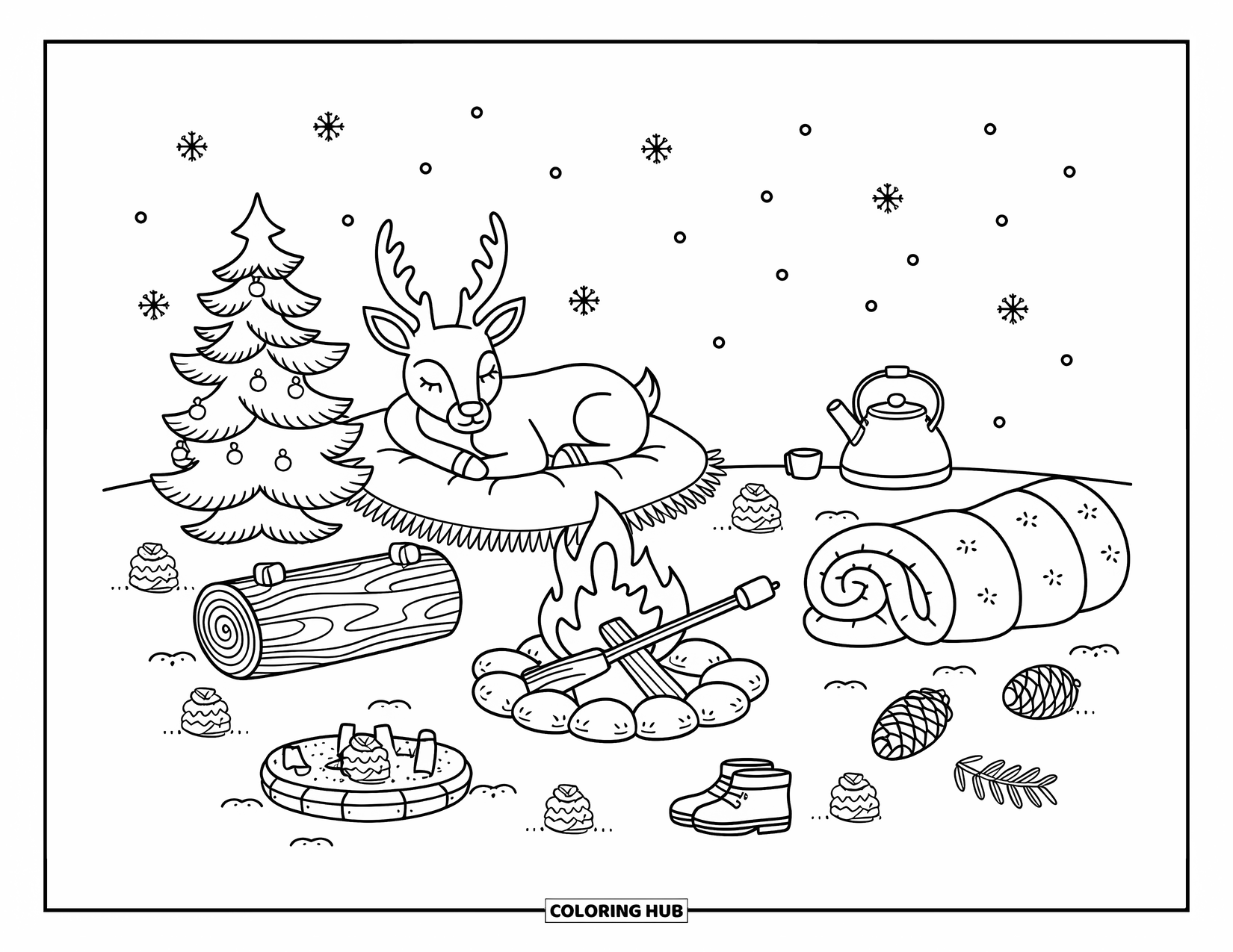 Christmas Reindeer Coloring Page for Adults: A reindeer rests on a blanket near a campfire with marshmallows and a small tree