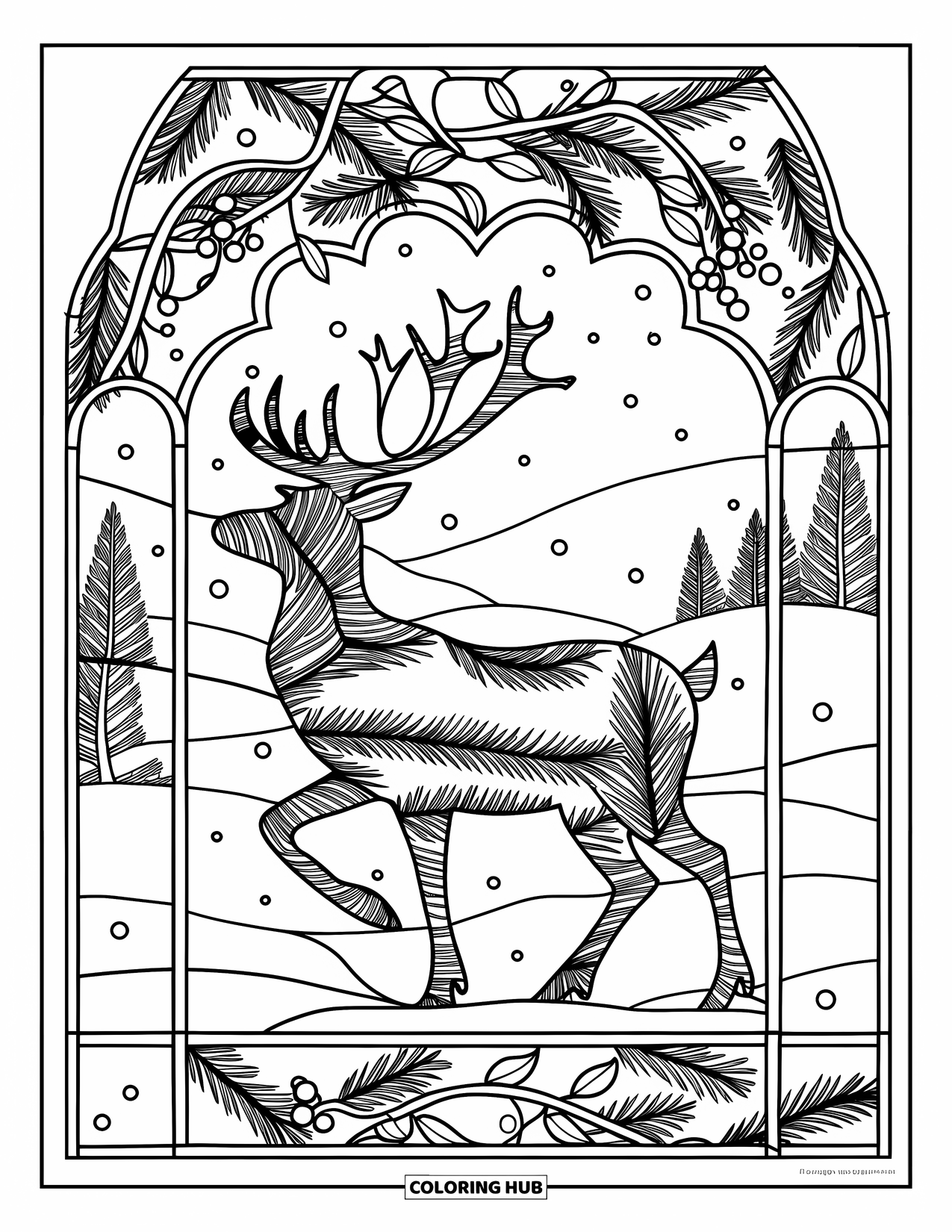 Christmas Reindeer Coloring Page for Adults: A reindeer silhouette is framed by stained-glass pine branches and berries