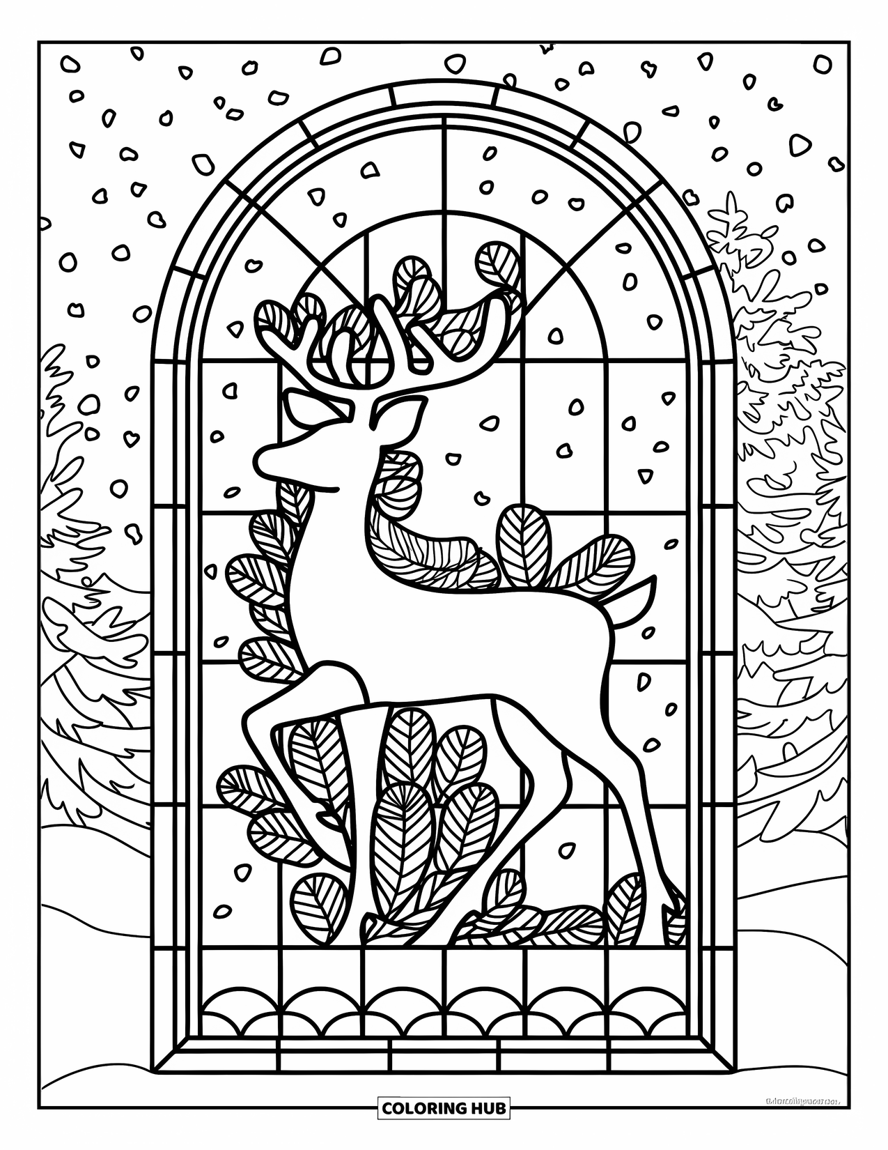 Christmas Reindeer Coloring Page for Adults: A reindeer silhouette rests in a stained-glass window with pine needles