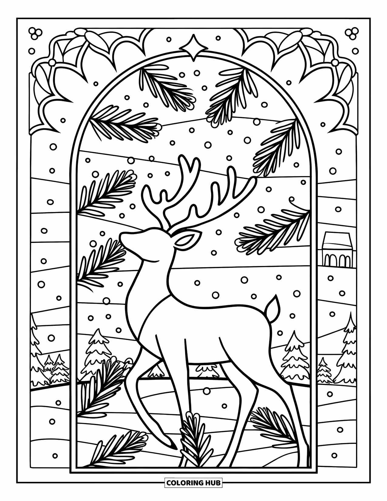 Christmas Reindeer Coloring Page for Adults: A reindeer silhouette sits in a stained-glass window of pine needles