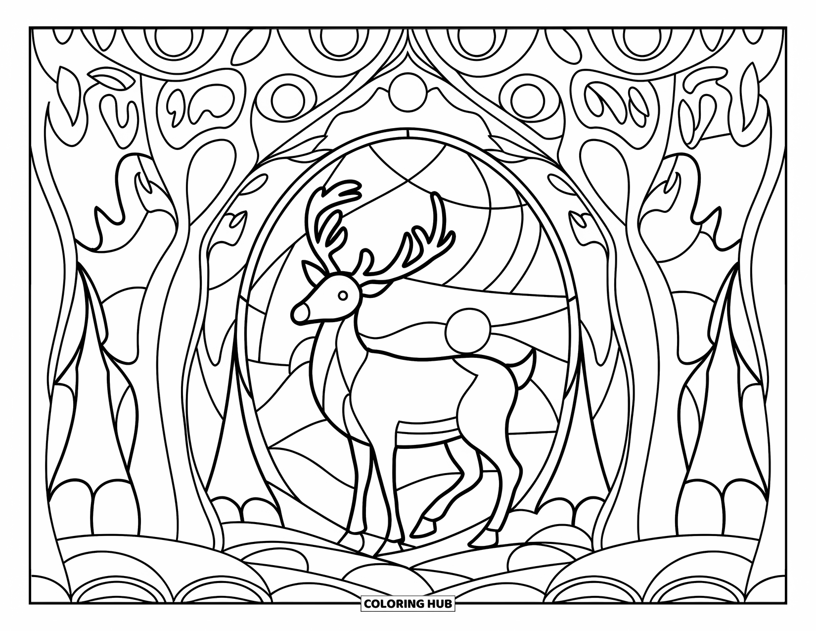 Christmas Reindeer Coloring Page for Adults: A reindeer stands in a stained-glass forest filled with detailed designs