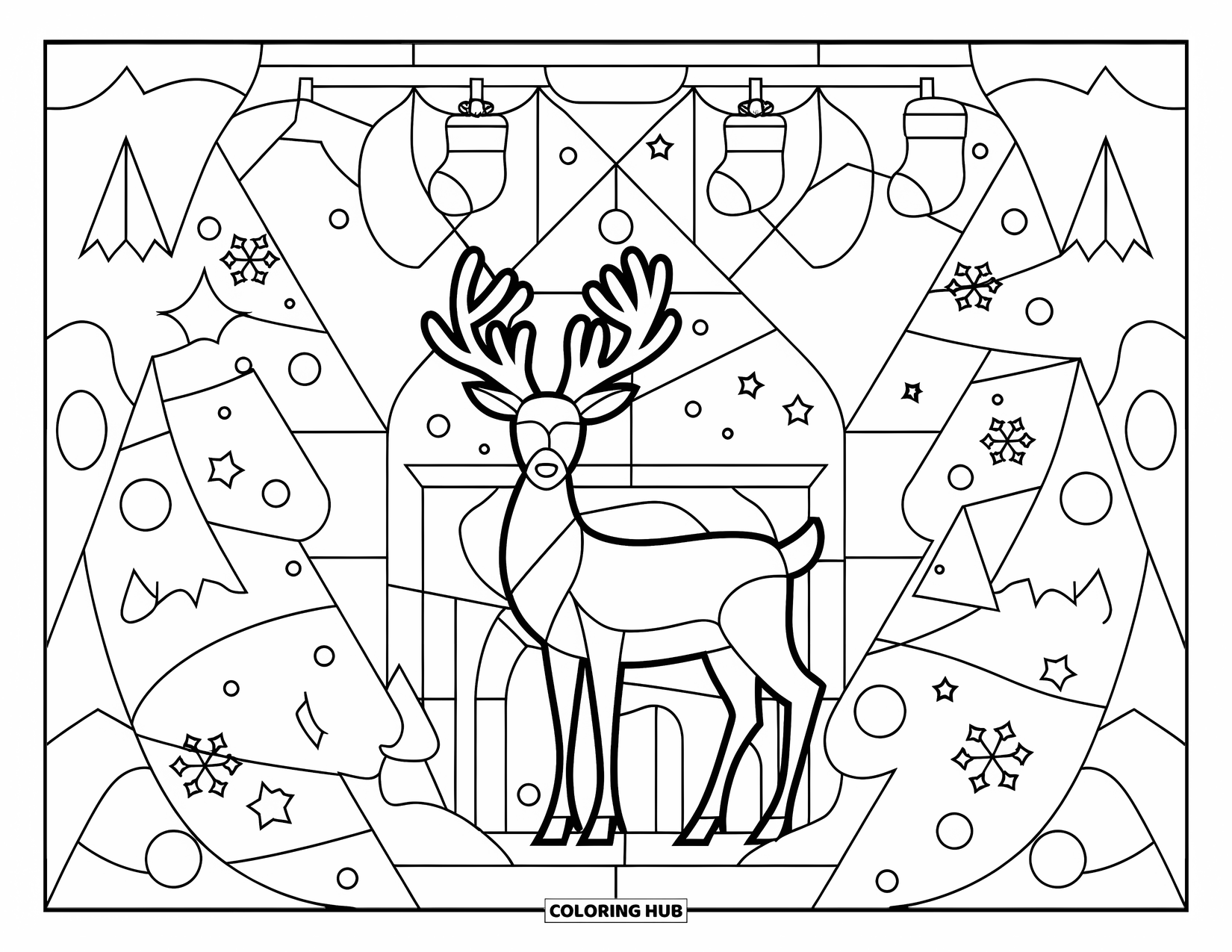 Christmas Reindeer Coloring Page for Adults: A reindeer stands in a stained-glass forest with trees, stars, and a fireplace
