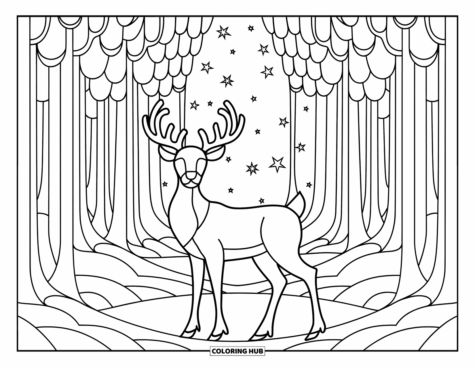 Christmas Reindeer Coloring Page for Adults: A reindeer stands in the center of a stained-glass forest scene