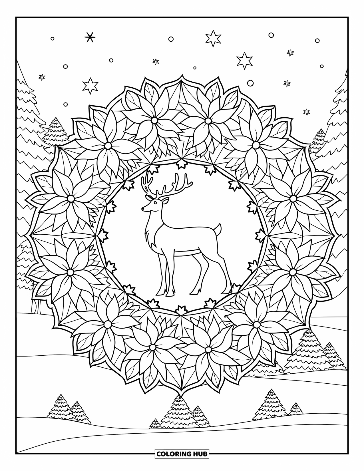 Christmas Reindeer Coloring Page for Adults: A reindeer stands inside a mandala of poinsettias and Christmas stars