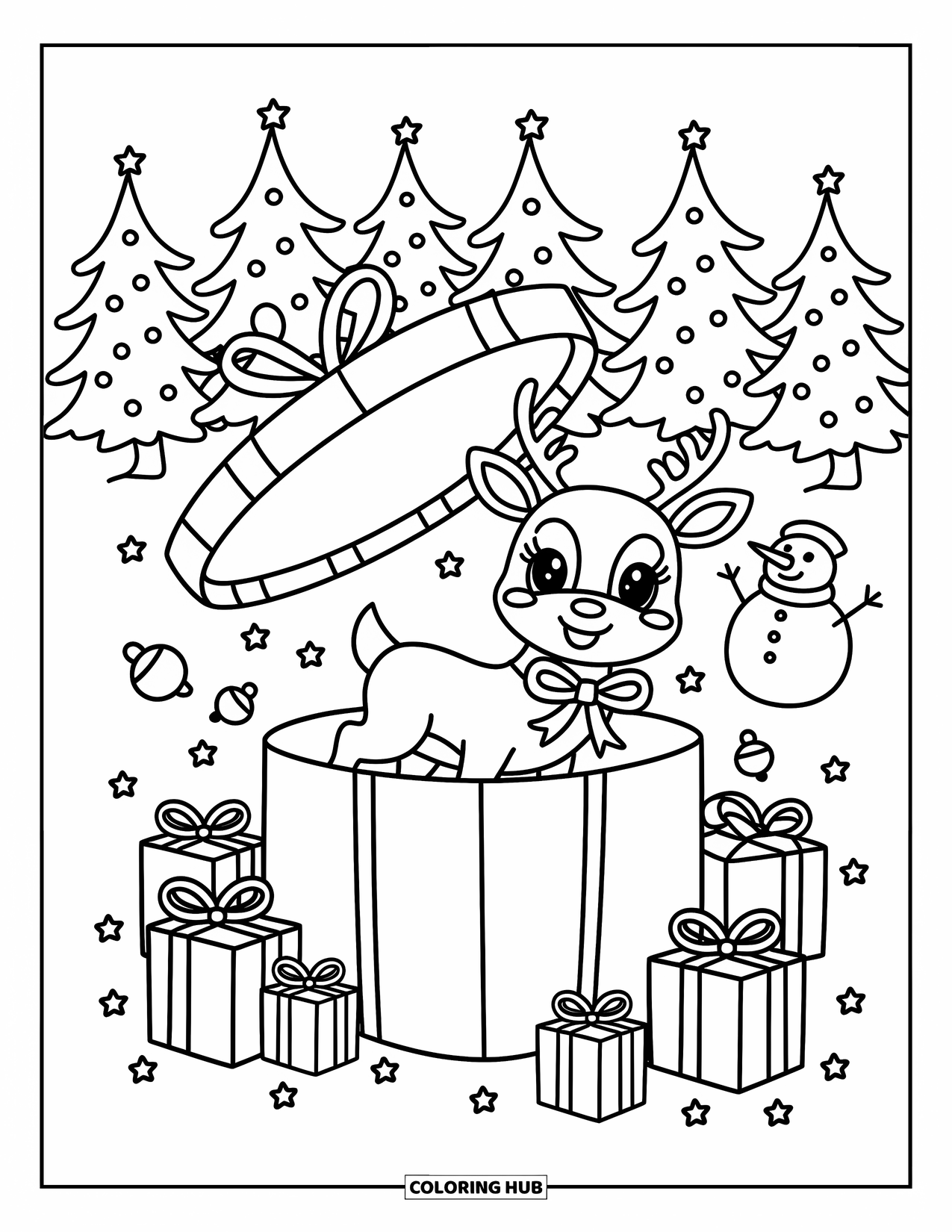 Christmas Reindeer Coloring Page for Adults: A reindeer with a bow peeks playfully from an open gift box among trees
