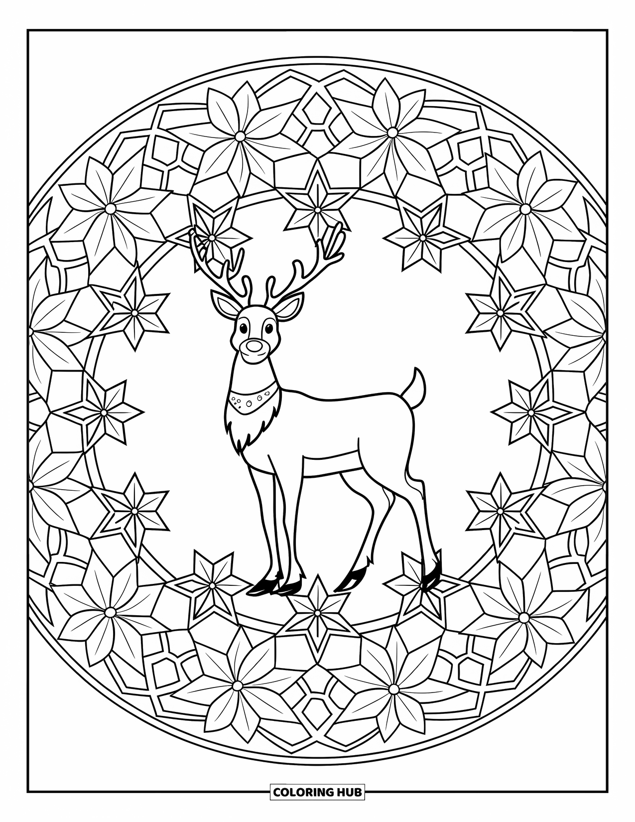Christmas Reindeer Coloring Page for Adults: A reindeer with a gold collar stands inside a poinsettia and star mandala