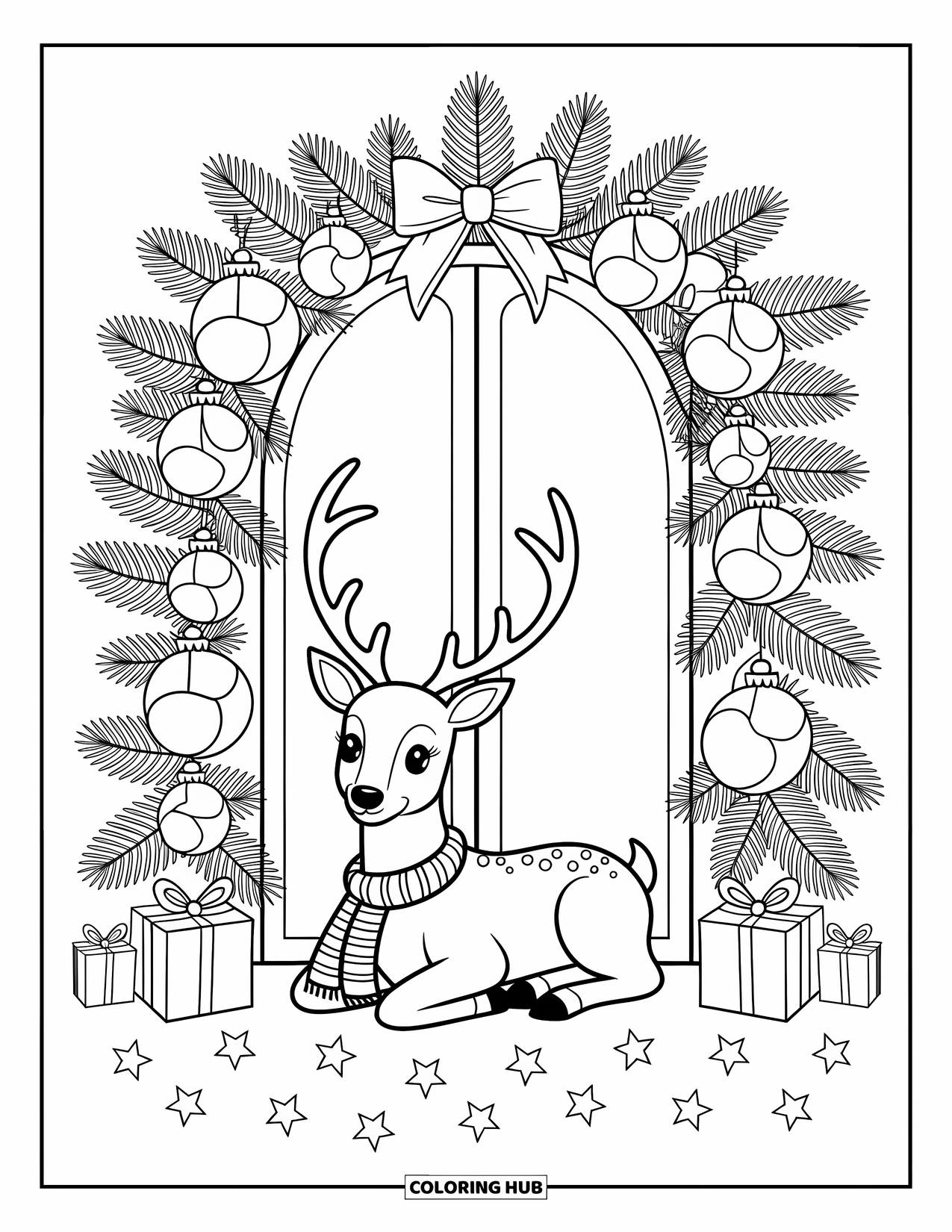 Christmas Reindeer Coloring Page for Adults: A reindeer with a patterned scarf rests under a pine and ribbon arch