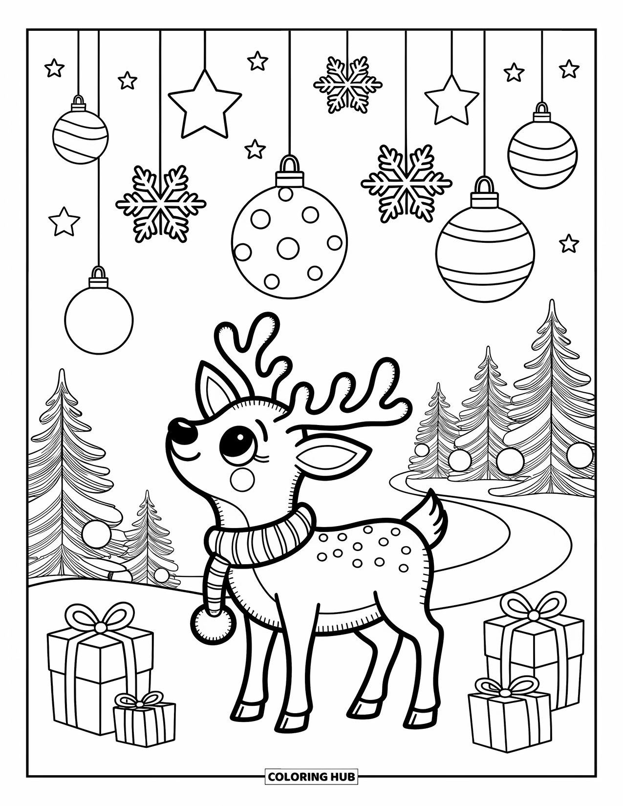 Christmas Reindeer Coloring Page for Adults: A reindeer with a pom-pom scarf gazes up at stars near decorated trees