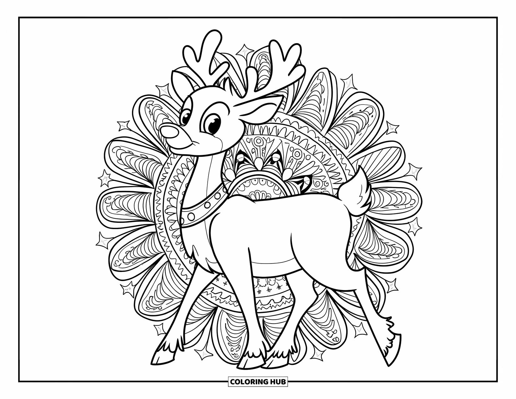 Christmas Reindeer Coloring Page for Adults: A reindeer with a shiny collar walks among starry tree mandalas
