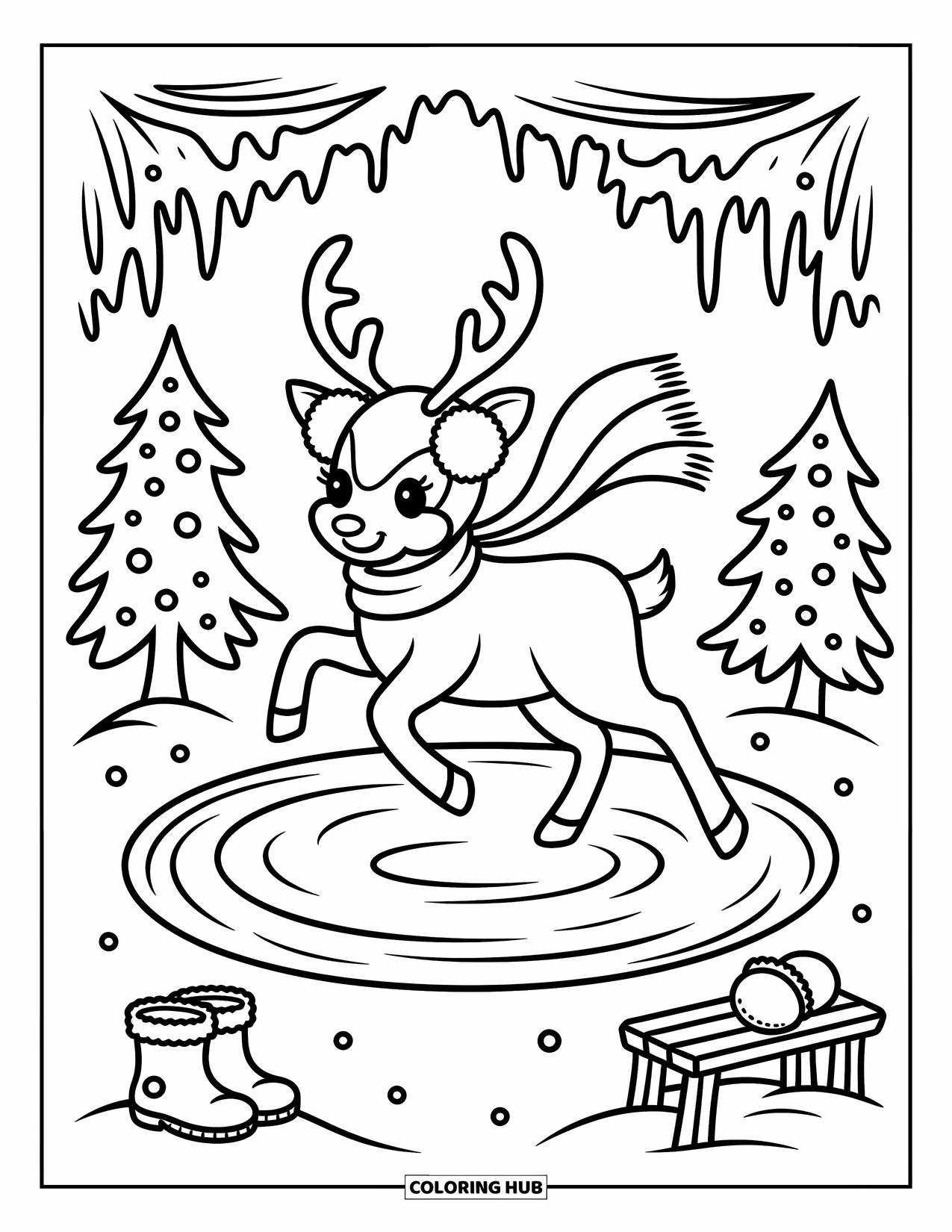 Christmas Reindeer Coloring Page for Adults: A reindeer with earmuffs and scarf skates playfully on a round frozen pond