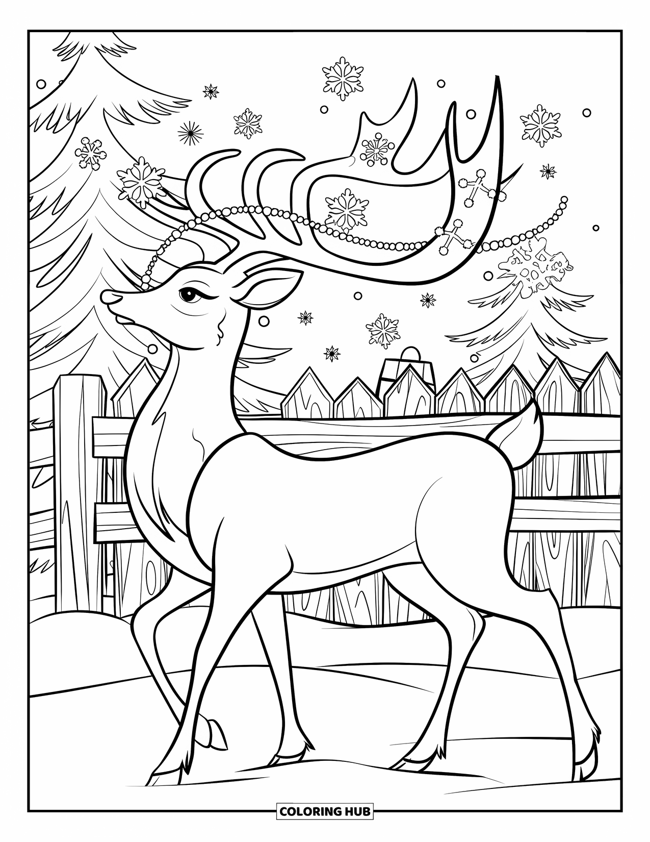 Christmas Reindeer Coloring Page for Adults: A reindeer with garland antlers stands near pine trees and a lantern