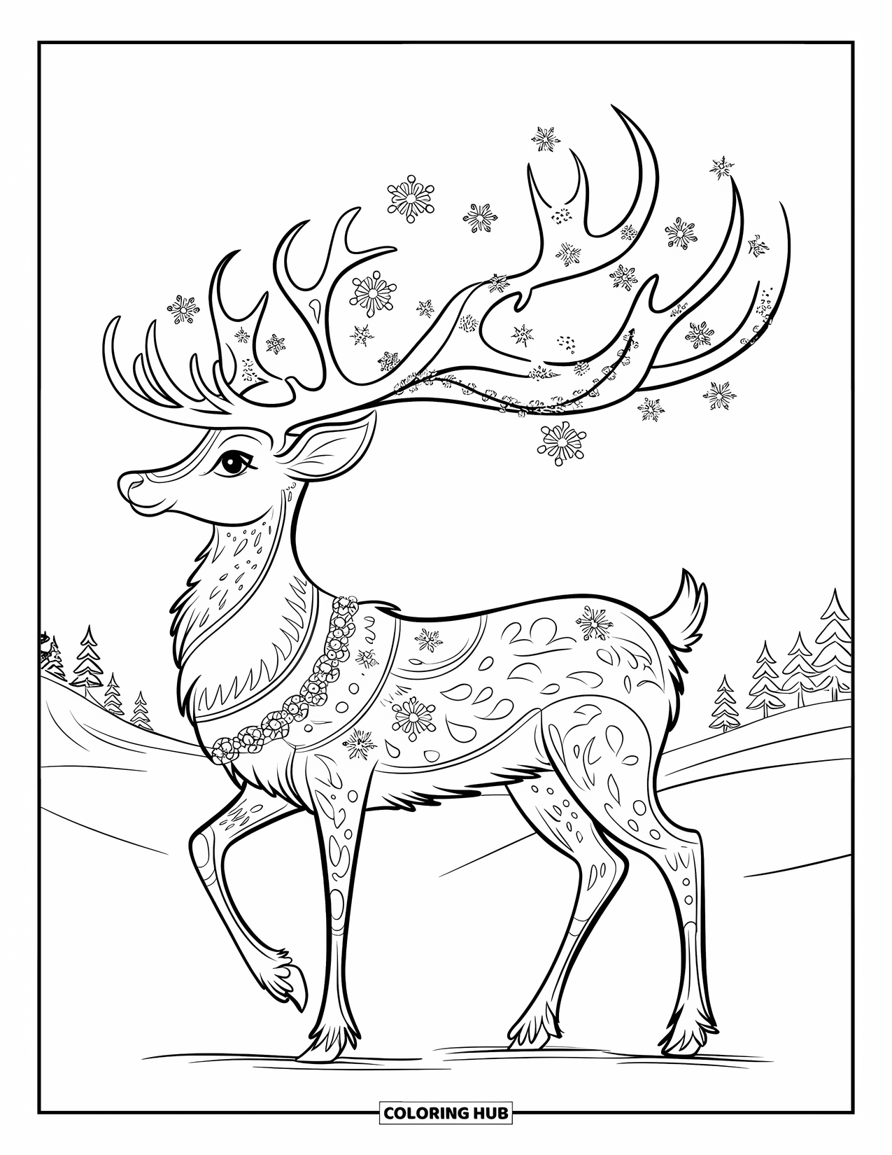 Christmas Reindeer Coloring Page for Adults: A reindeer with patterned antlers stands peacefully in a winter landscape