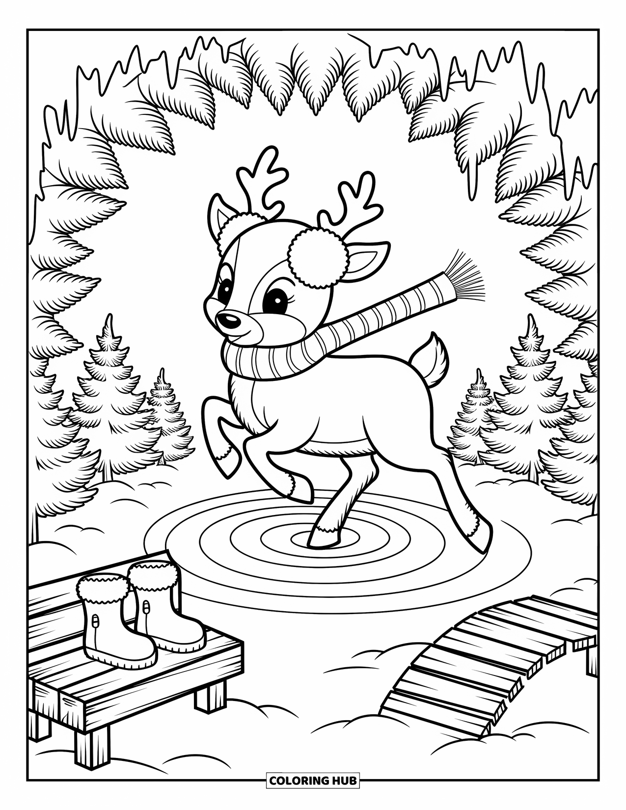 Christmas Reindeer Coloring Page for Adults: A reindeer with scarf and earmuffs spins joyfully on a snowy frozen pond