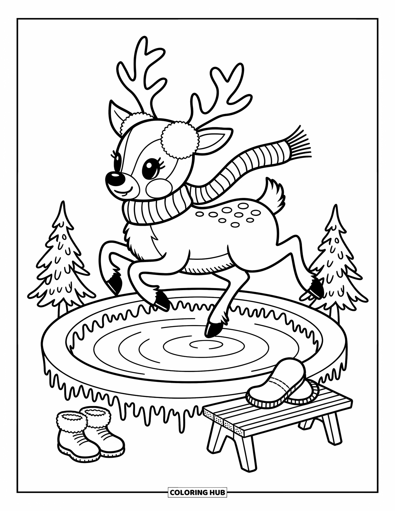 Christmas Reindeer Coloring Page for Adults: A scarfed reindeer glides mid-twirl across a frozen pond with snowy trees