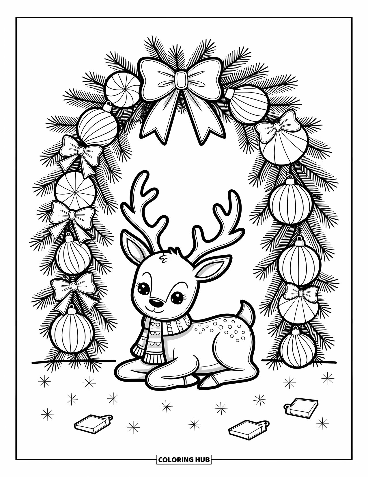 Christmas Reindeer Coloring Page for Adults: A scarfed reindeer rests under a pine archway decorated with bows and ornaments