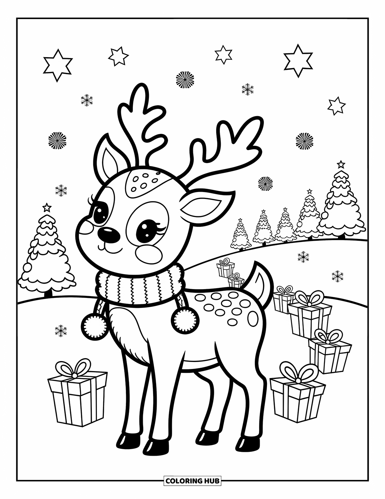 Christmas Reindeer Coloring Page for Adults: A scarfed reindeer stands in a snowy field with stars, gifts, and pine trees