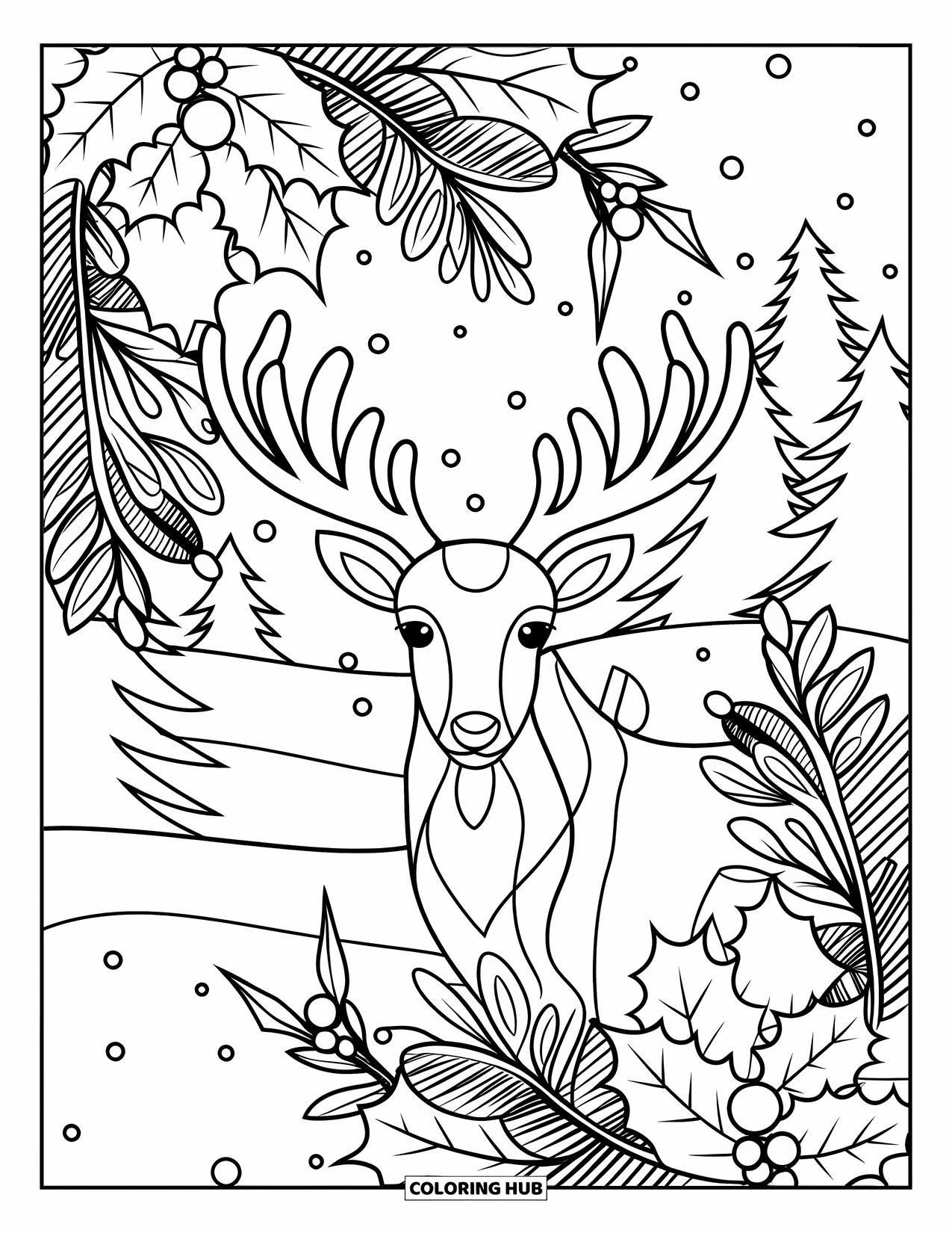 Christmas Reindeer Coloring Page for Adults: A serene reindeer stands in botanical mandalas with snowy trees behind