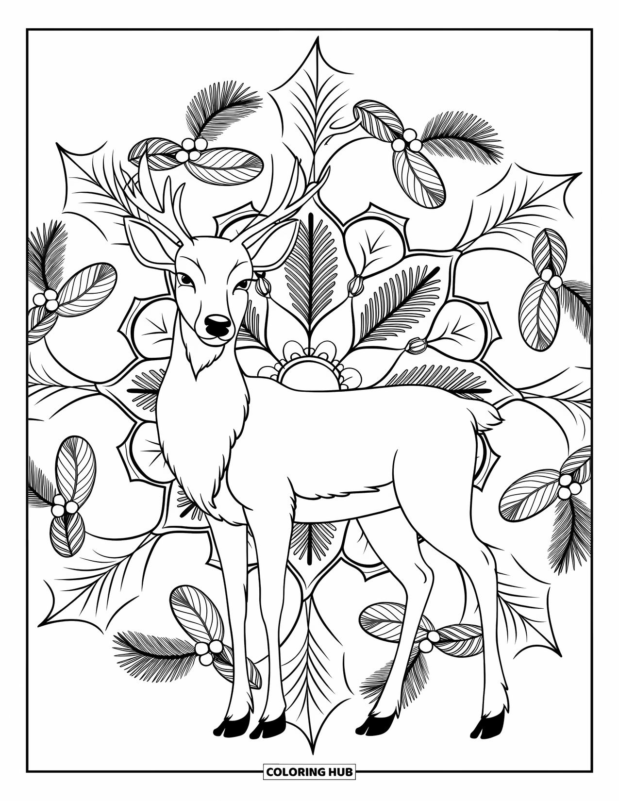 Christmas Reindeer Coloring Page for Adults: A serene reindeer stands surrounded by holly and pine sprig mandalas