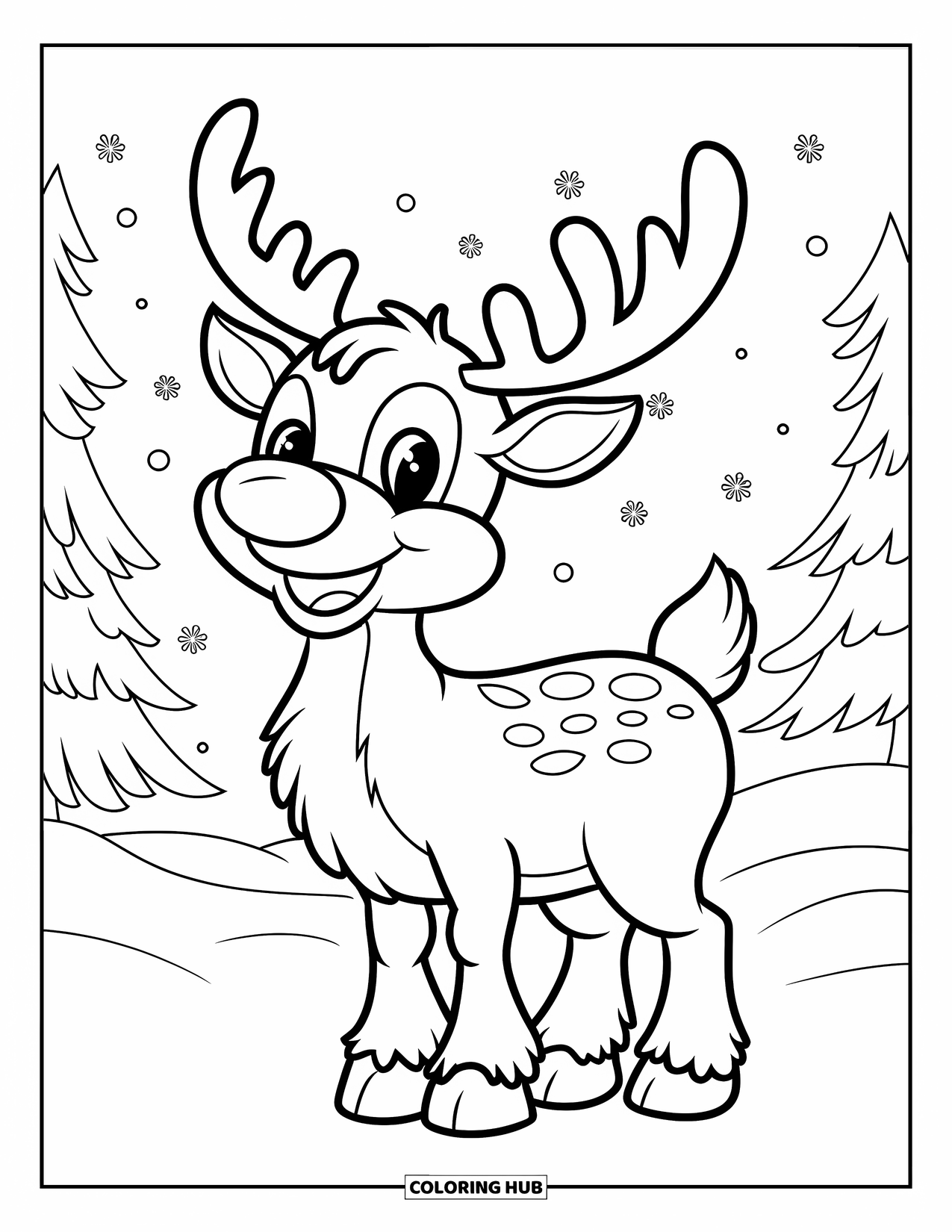 Christmas Reindeer Coloring Page for Kids: A big-nosed reindeer stands in snow as gentle flakes land on its nose, mountains behind