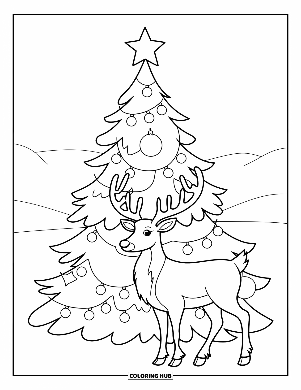 Christmas Reindeer Coloring Page for Kids: A cozy reindeer stands beside a large decorated Christmas tree with a glowing star