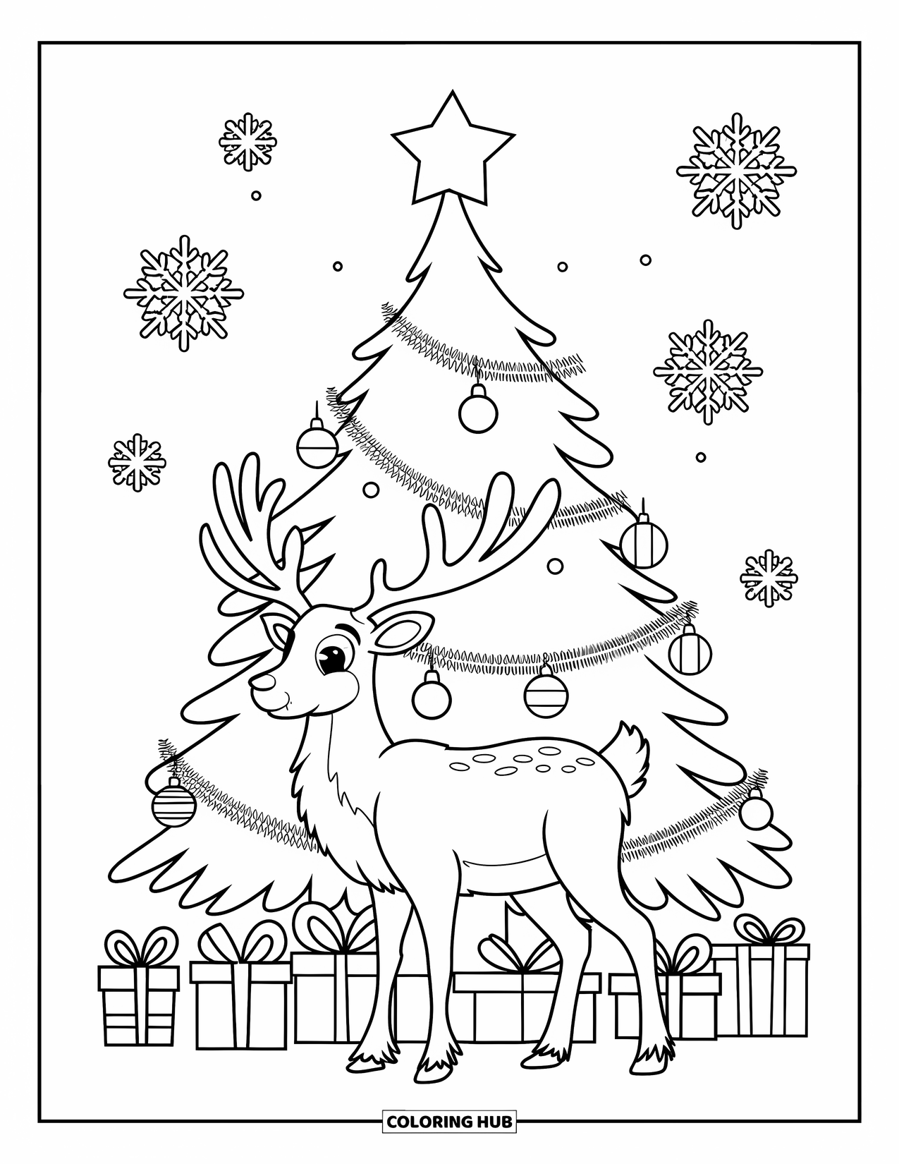 Christmas Reindeer Coloring Page for Kids: A cozy reindeer stands by a star-topped tree with ornaments, gifts, and a wreath