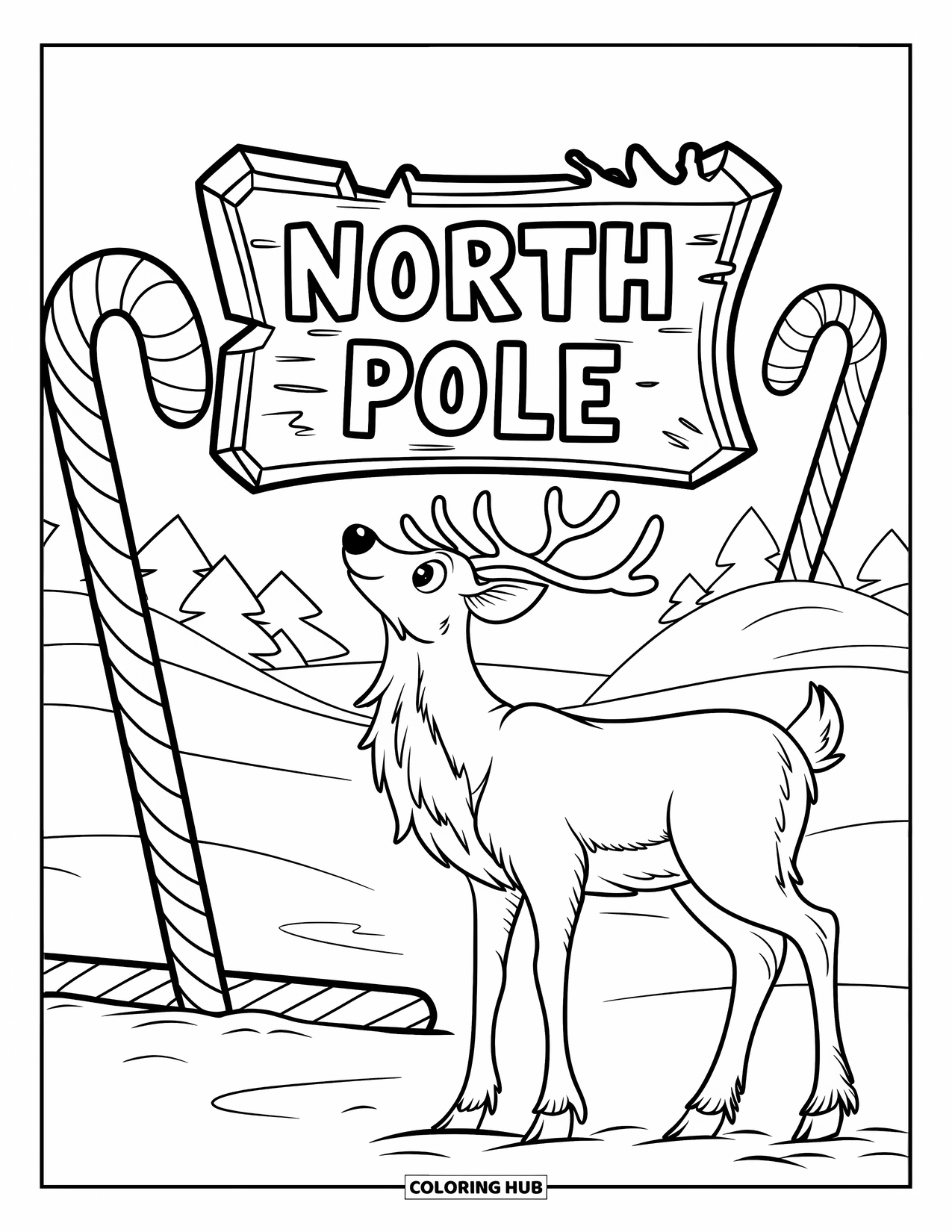 Christmas Reindeer Coloring Page for Kids: A fluffy reindeer studies a wooden North Pole sign with long twisted candy canes