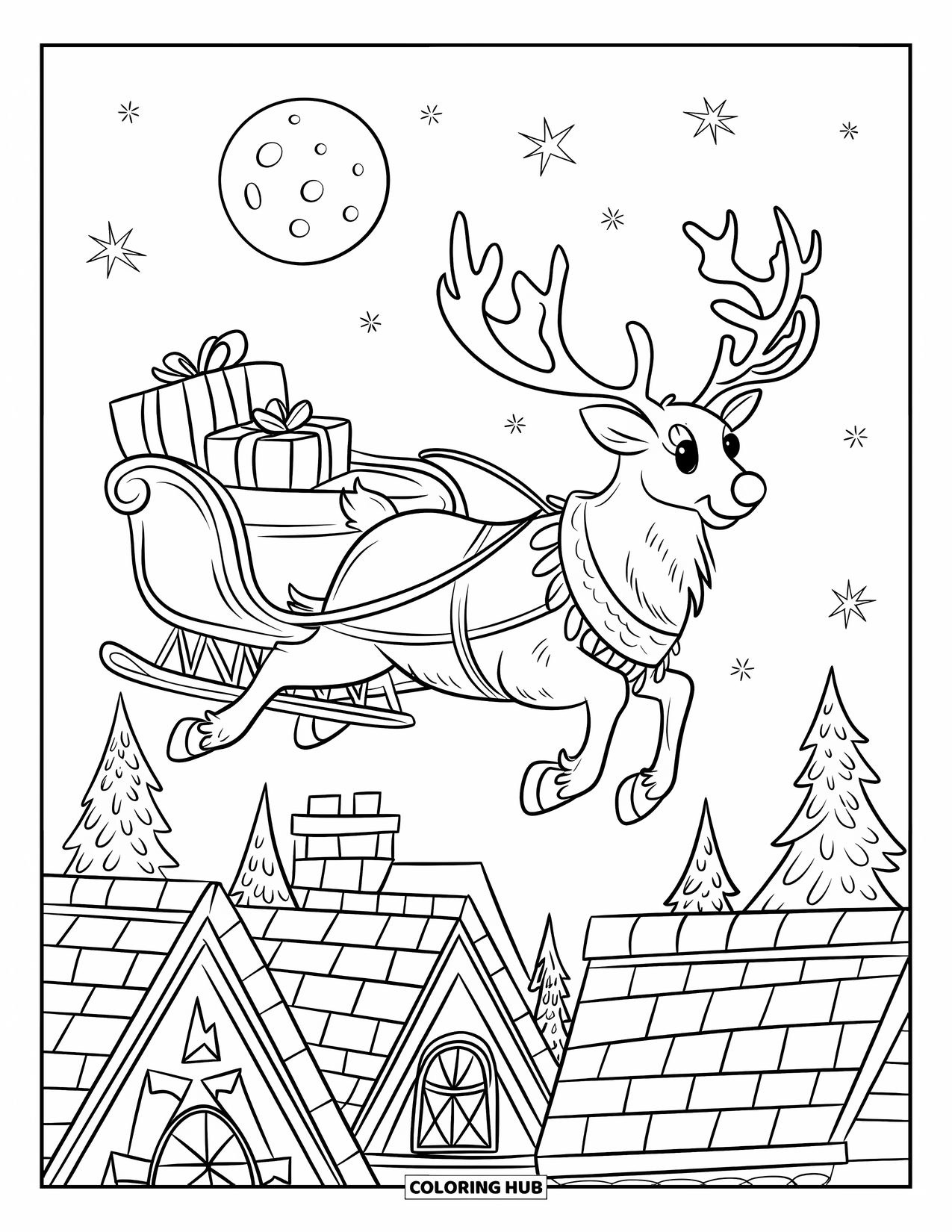 Christmas Reindeer Coloring Page for Kids: A flying reindeer pulls a gift-filled sleigh above rooftops and Christmas trees