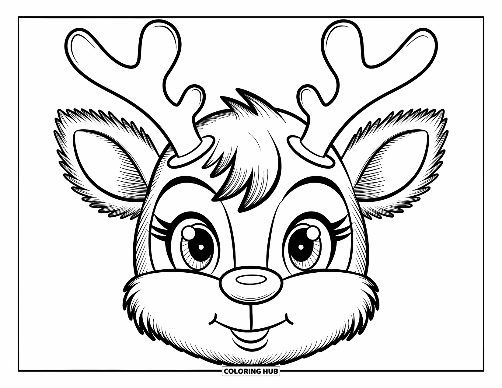 Christmas Reindeer Coloring Page for Kids: A gentle reindeer face with soft antlers and fluffy fur sits on a clean white page