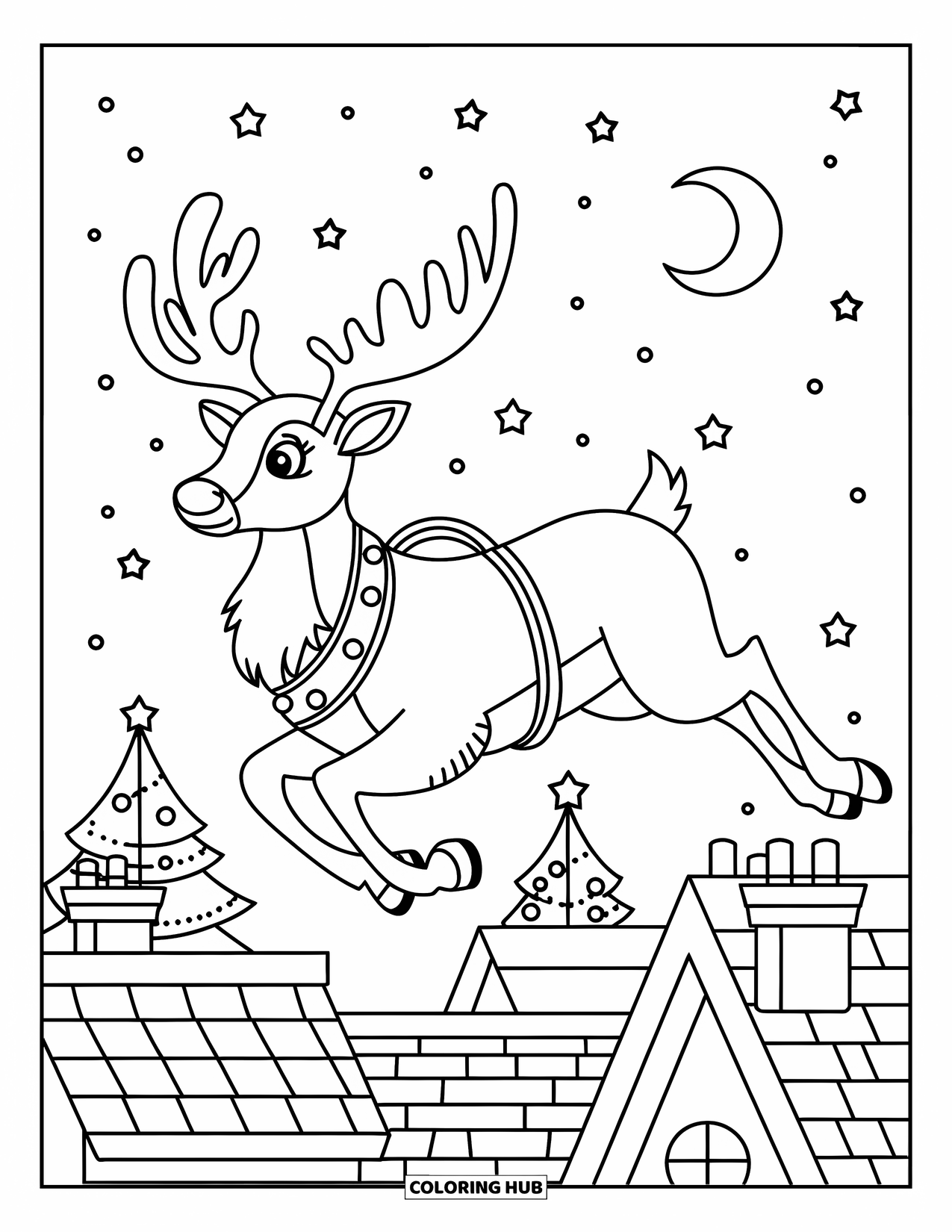 Christmas Reindeer Coloring Page for Kids: A harnessed reindeer soars over moonlit rooftops with stars and a crescent moon