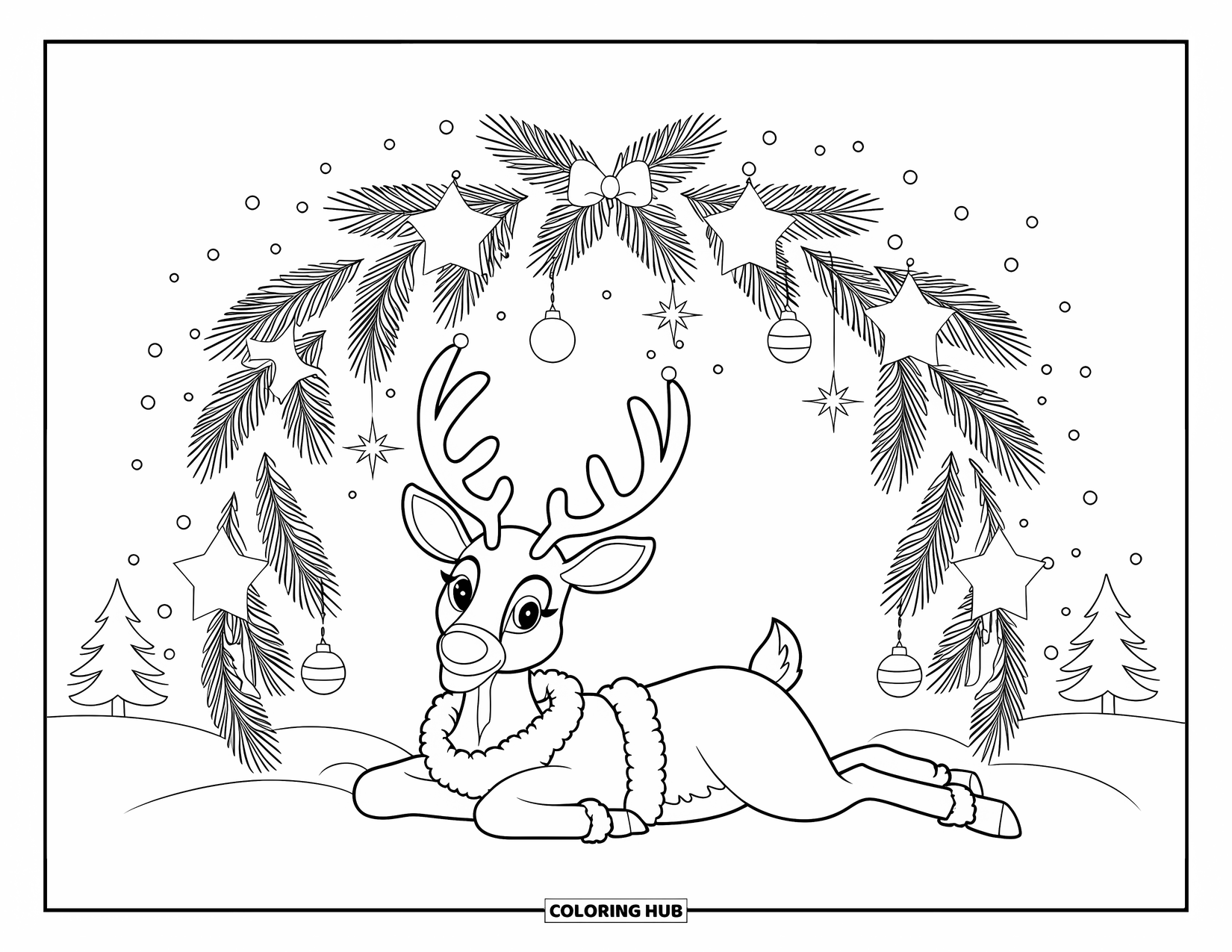 Christmas Reindeer Coloring Page for Kids: A jolly reindeer in a red suit rests beneath a starry arch