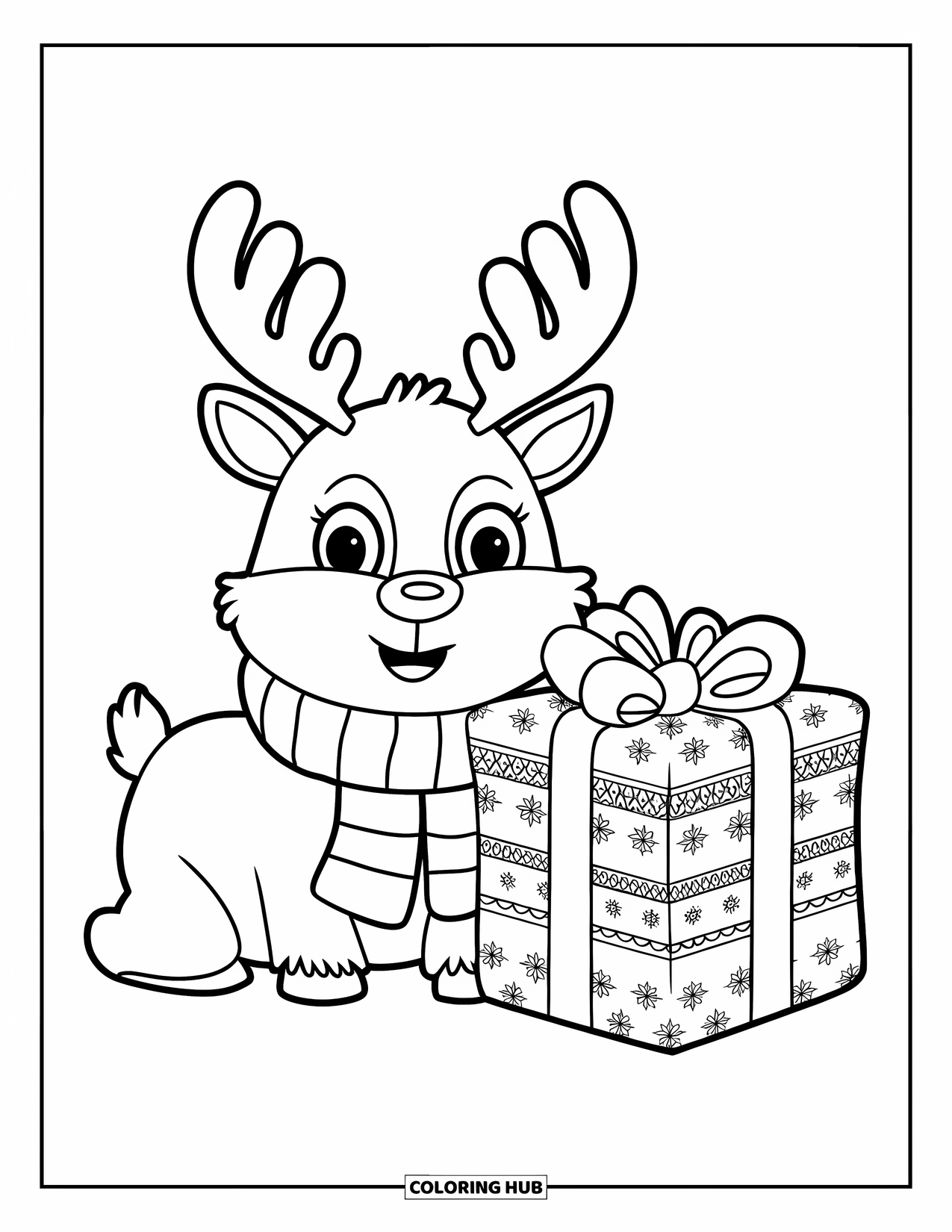 Christmas Reindeer Coloring Page for Kids: A preschool-friendly chubby reindeer with a scarf sits by a patterned gift on white