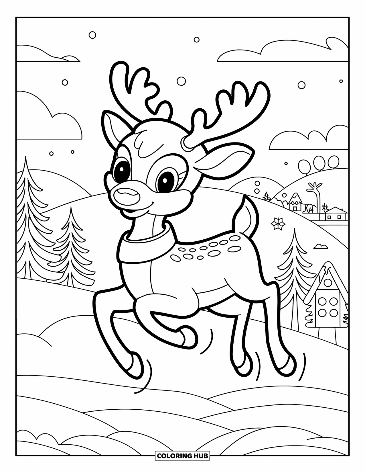 Christmas Reindeer Coloring Page for Kids: A red-nosed collared reindeer hops across easy-to-color hills, trees, and town
