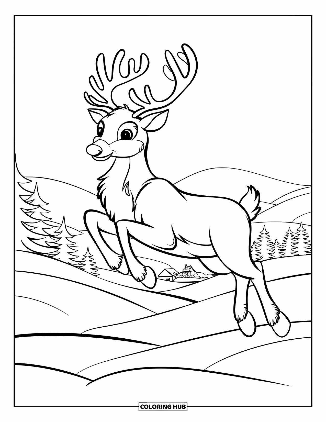 Christmas Reindeer Coloring Page for Kids: A red-nosed reindeer bounces over snowy hills with trees and a distant village