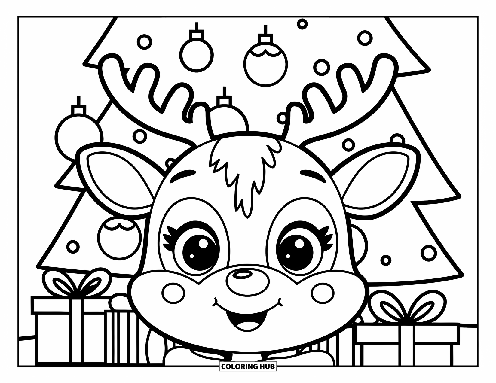 Christmas Reindeer Coloring Page for Kids: A red-nosed reindeer face framed by a Christmas tree and presents with big sections
