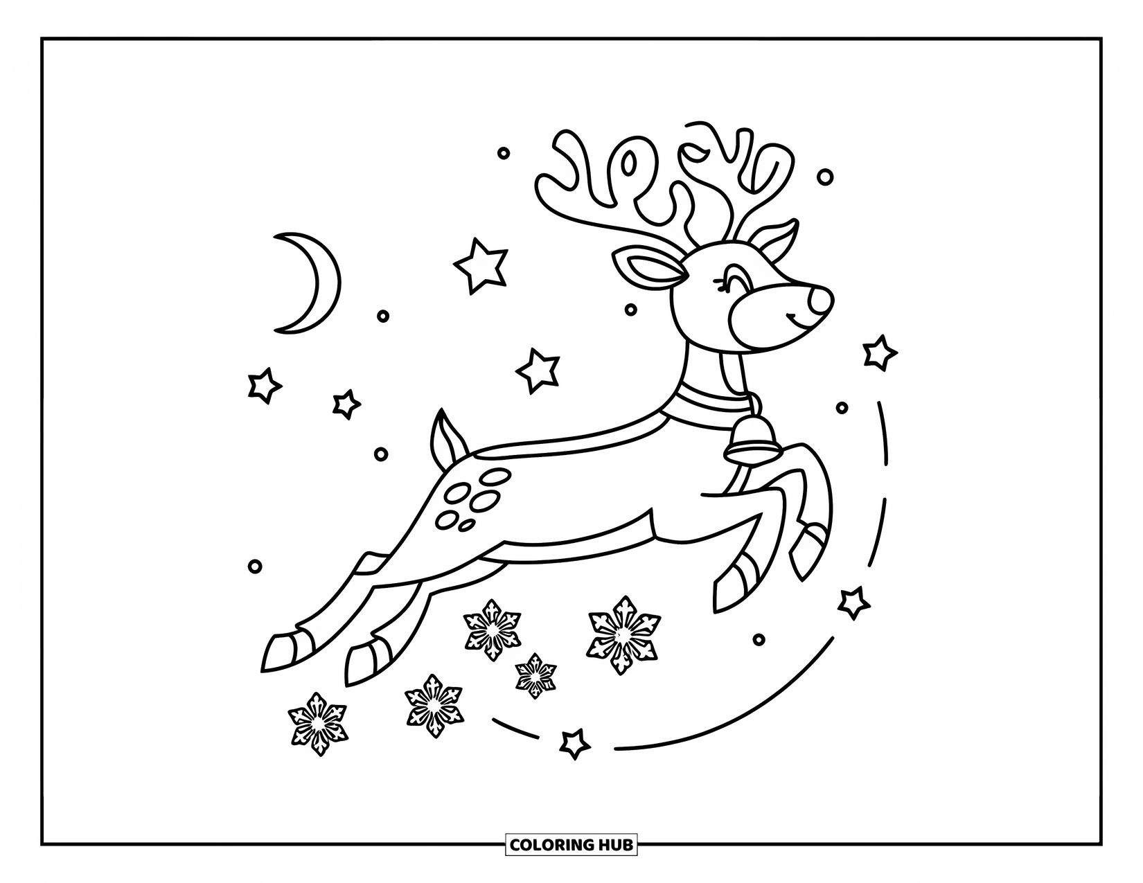 Christmas Reindeer Coloring Page for Kids: A red-nosed reindeer flies under a starry sky with a crescent moon