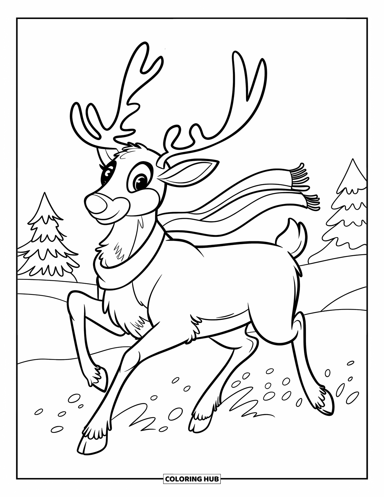 Christmas Reindeer Coloring Page for Kids: A red-nosed reindeer gallops through snowy ground with a scarf blowing