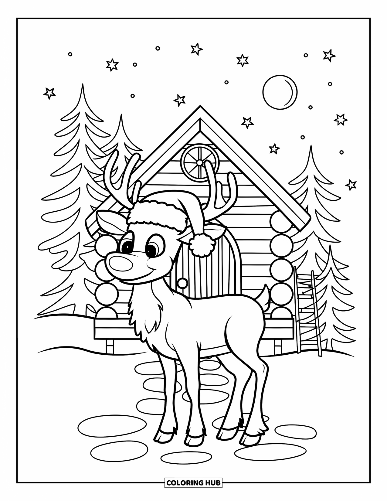 Christmas Reindeer Coloring Page for Kids: A red-nosed reindeer in a Santa hat stands on a stone path near a laddered cabin