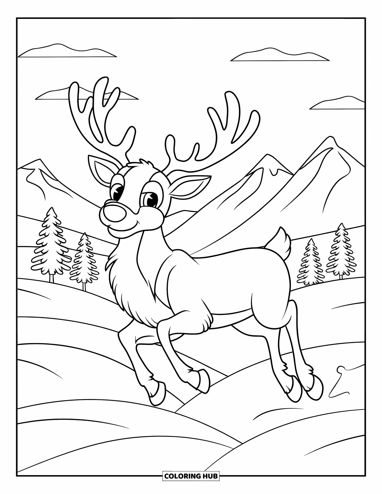 Christmas Reindeer Coloring Page for Kids: A red-nosed reindeer leaps over hills beneath a calm sky and scattered trees