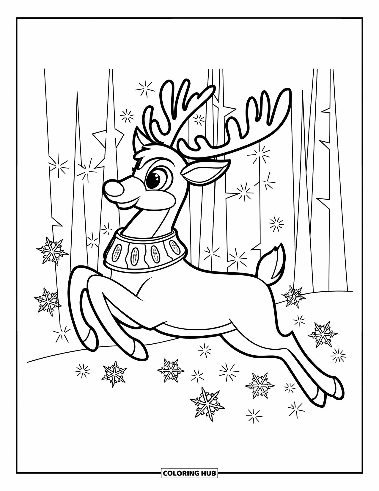 Christmas Reindeer Coloring Page for Kids: A red-nosed reindeer with a golden collar leaps among snowflakes in a tall forest