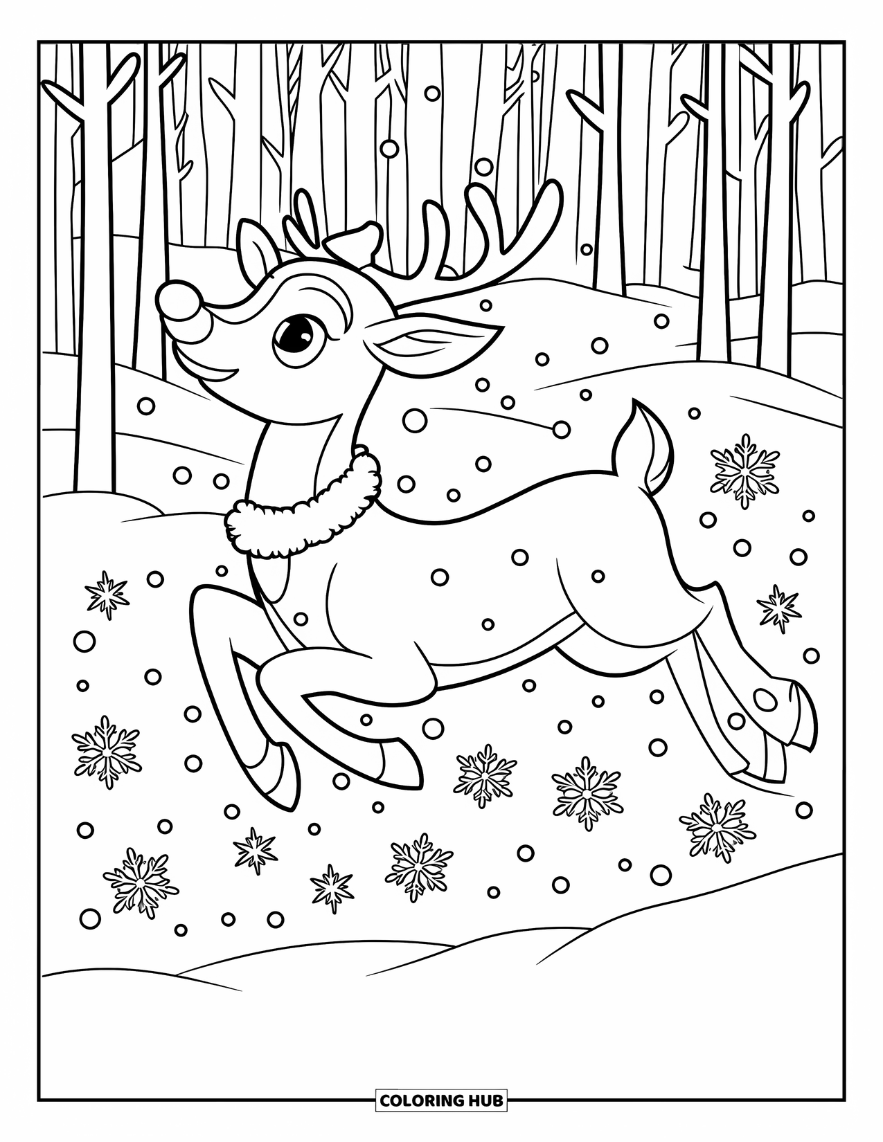 Christmas Reindeer Coloring Page for Kids: A red-nosed reindeer with a white collar leaps through falling flakes in a calm wood