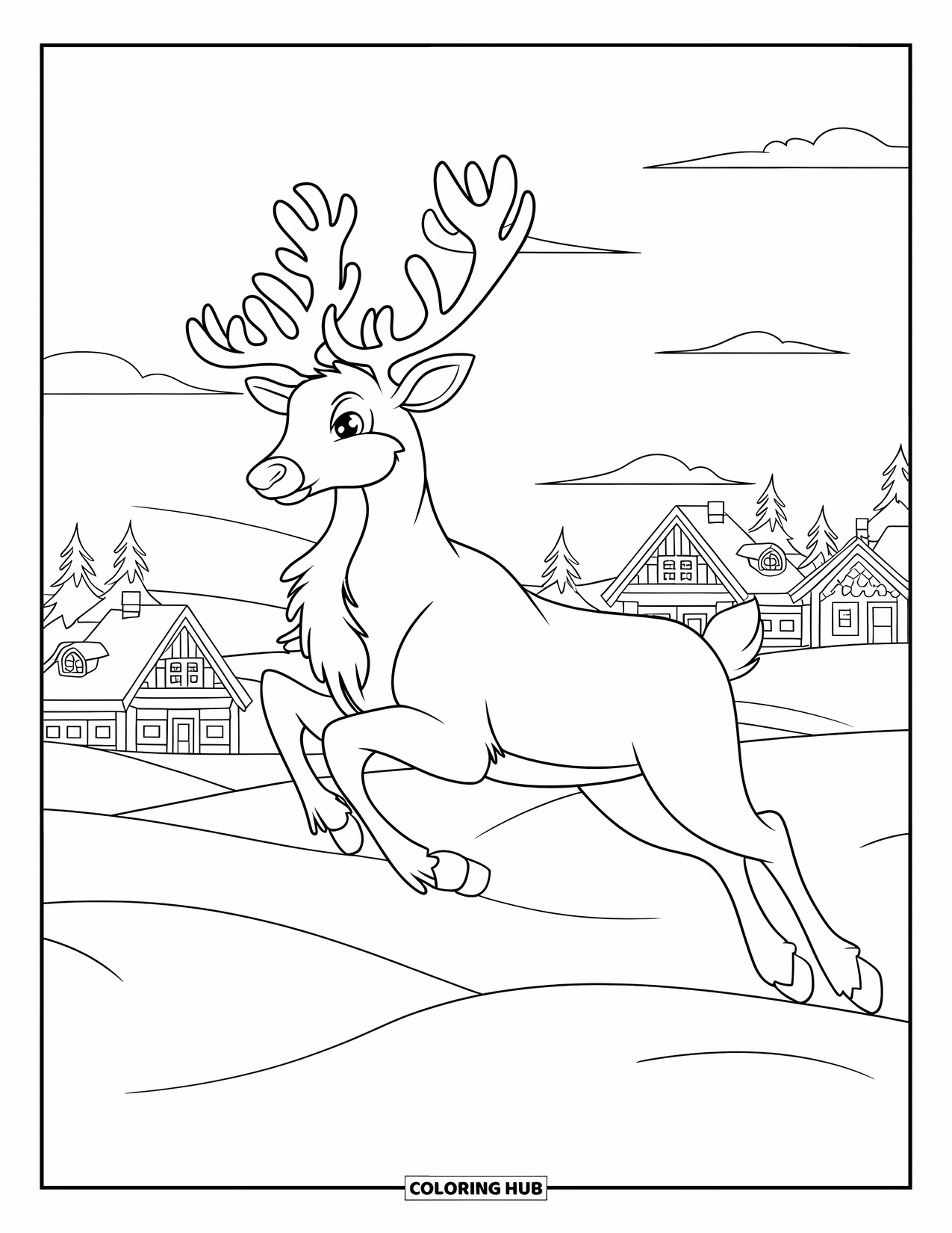 Christmas Reindeer Coloring Page for Kids: A reindeer bounds over snowy hills with a quaint village in the distance