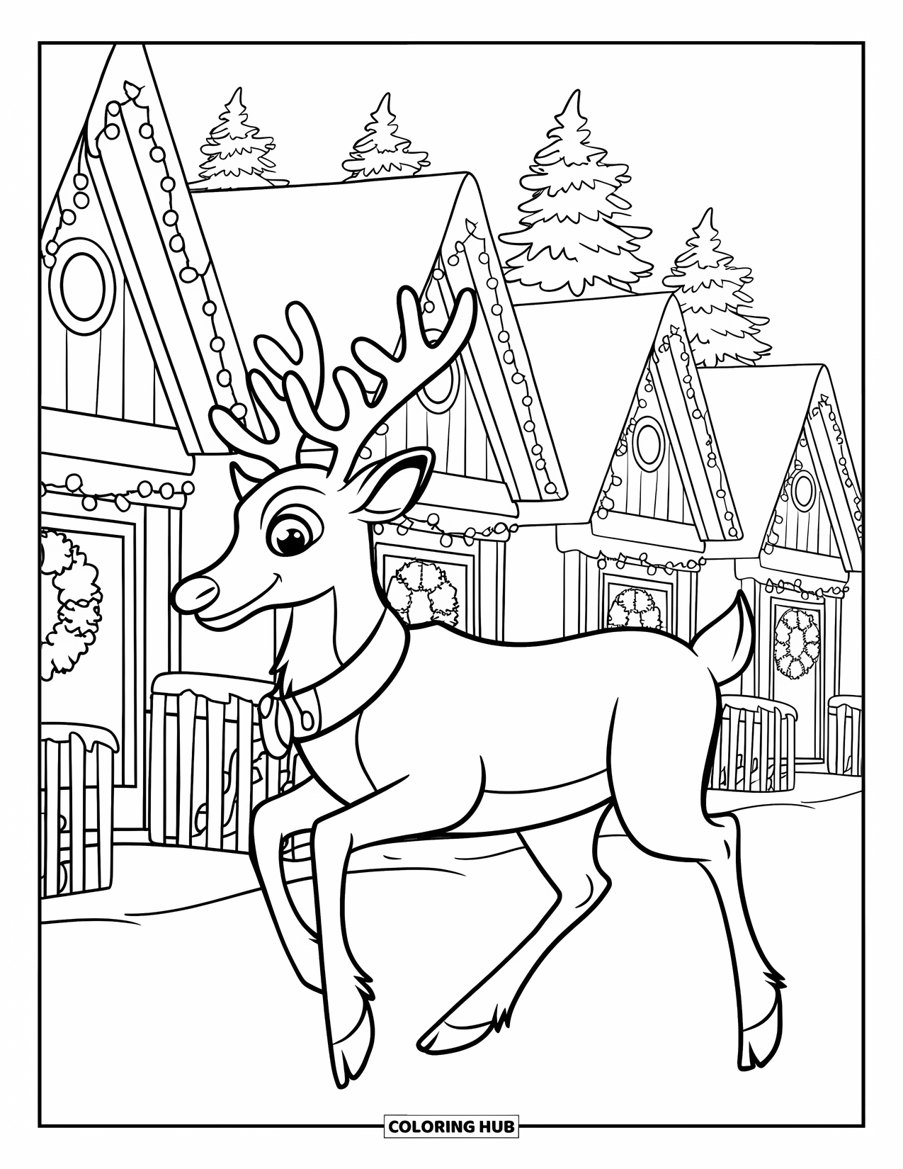 Christmas Reindeer Coloring Page for Kids: A reindeer dashes past cottages decorated with wreaths and glowing lights