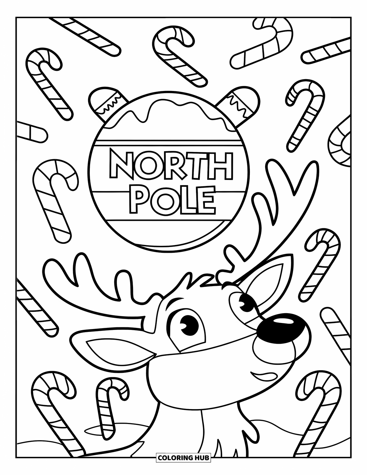 Christmas Reindeer Coloring Page for Kids: A reindeer gazes at a cheerful North Pole sign with candy canes on a white page