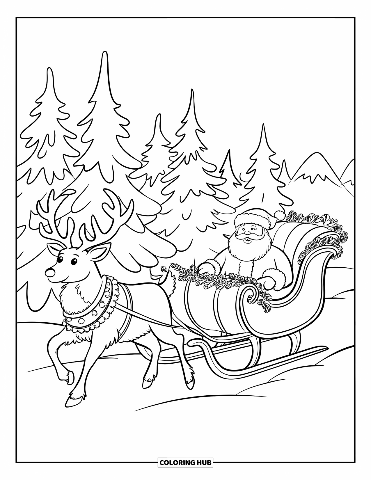 Christmas Reindeer Coloring Page for Kids: A reindeer hauls Santa's ornamented sleigh through snow with mountains behind