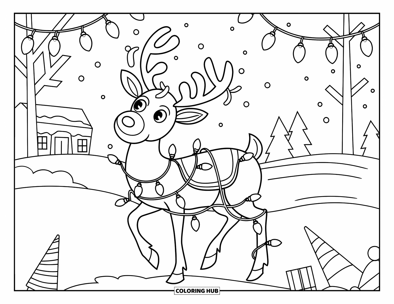 Christmas Reindeer Coloring Page for Kids: A reindeer in a red saddle stands tangled in lights near snowy trees
